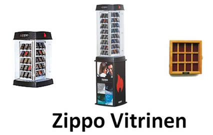 Zippo Vitrinen für Zippo Feuerzeuge und Zippo Zubehör im Fuss der großen Vitrine